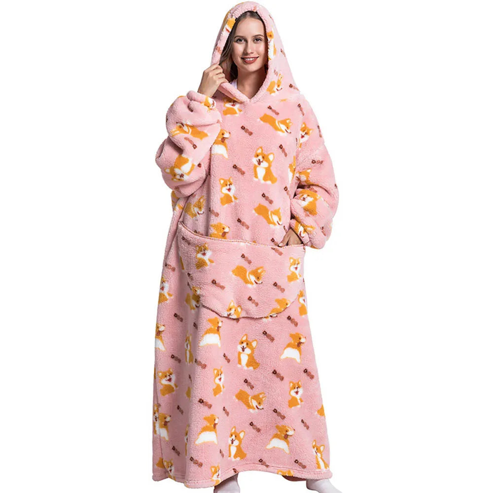 Winter Plush Blankets Wearable Soft Warm Oversized Blanket Hoodie Long Cute Men Women Sherpa Fleece Adult Blanket with Sleeves