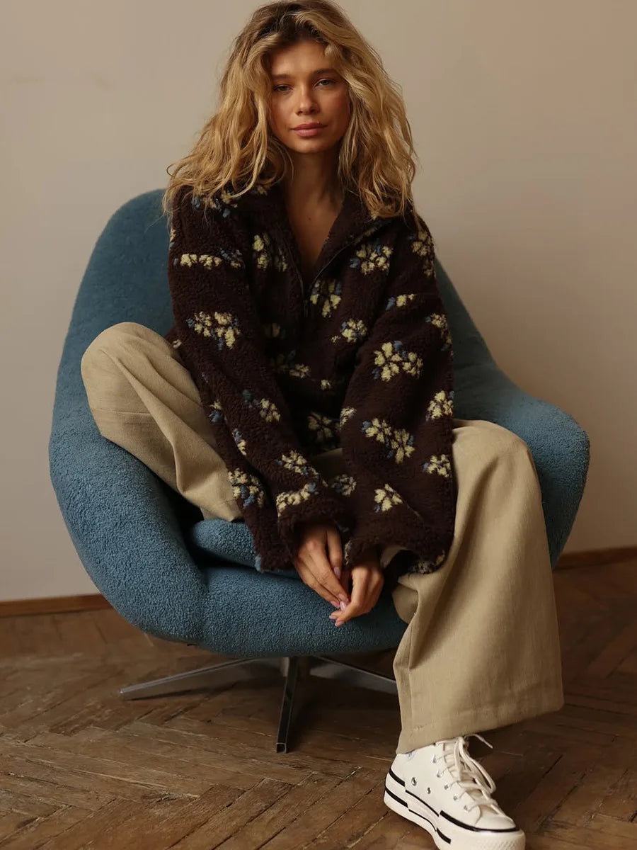 New Autumn Winter Women'S Sherpa Floral Pullover Hoodies Half Zip Style Loose Fit Warm Stylish Sweatshirt