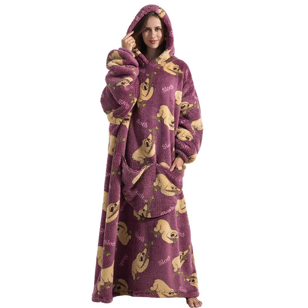 Winter Plush Blankets Wearable Soft Warm Oversized Blanket Hoodie Long Cute Men Women Sherpa Fleece Adult Blanket with Sleeves