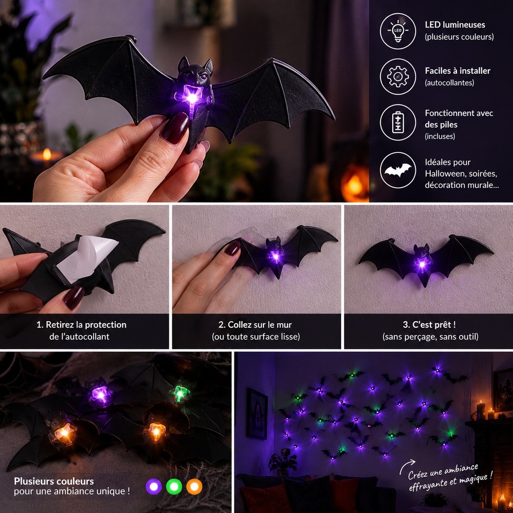 Stickers LED 3D chauves-souris et araignées Halloween