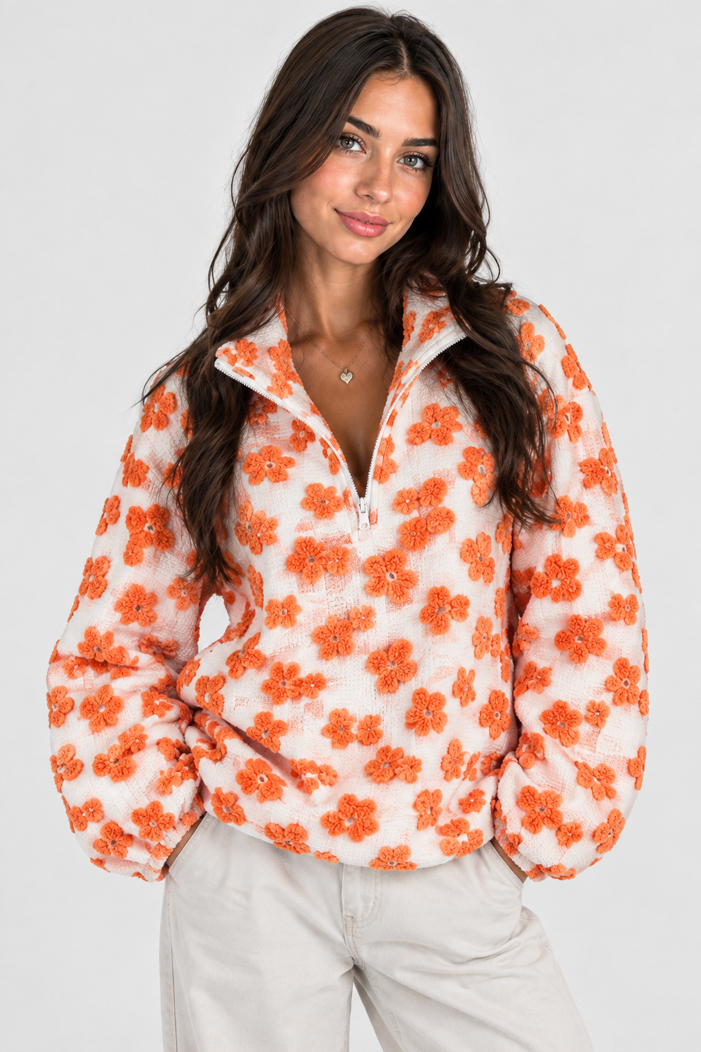 Sweat Sherpa Fleuri Demi-Zip — Douceur Automne-Hiver Femme