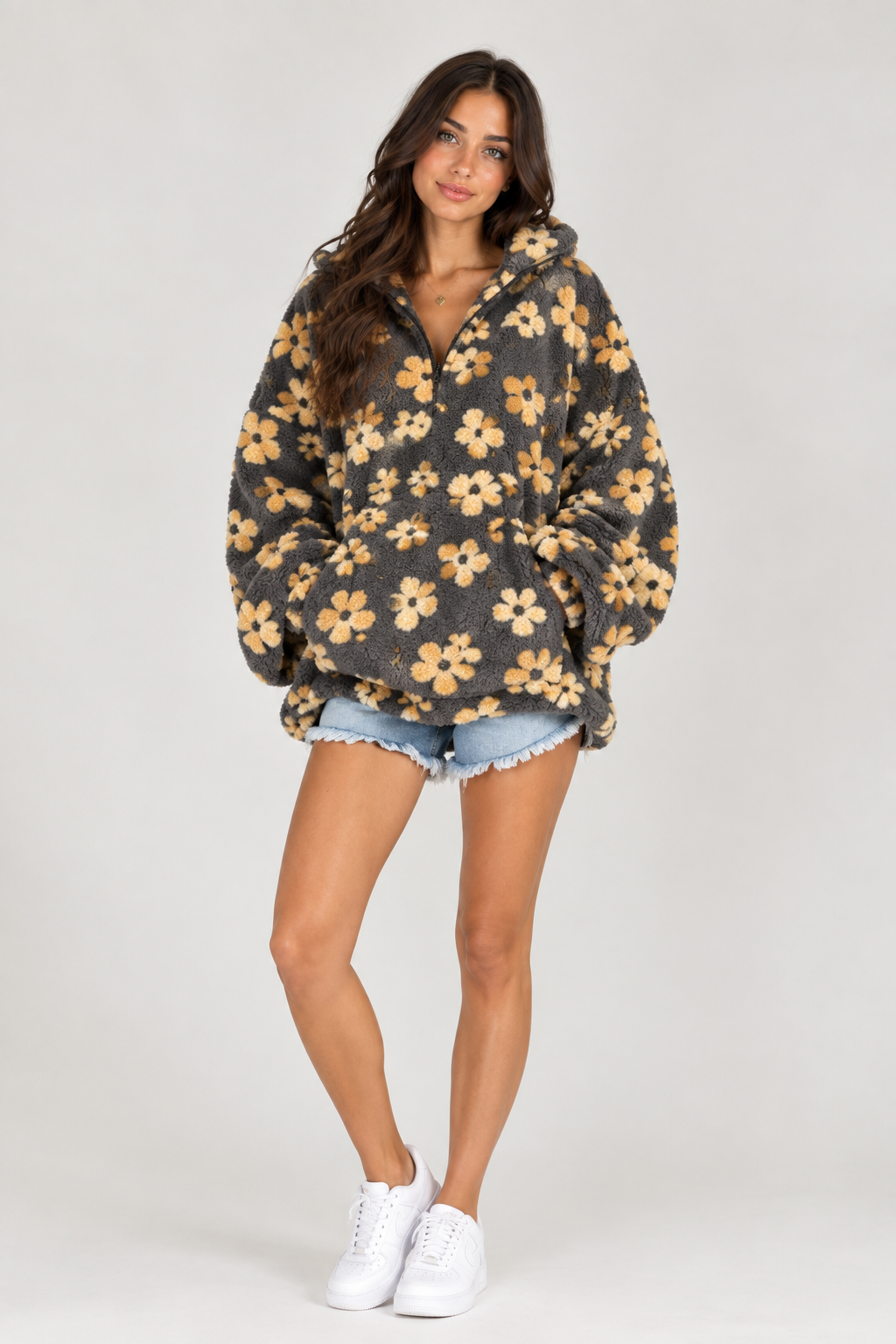 Sweat Sherpa Fleuri Demi-Zip — Douceur Automne-Hiver Femme