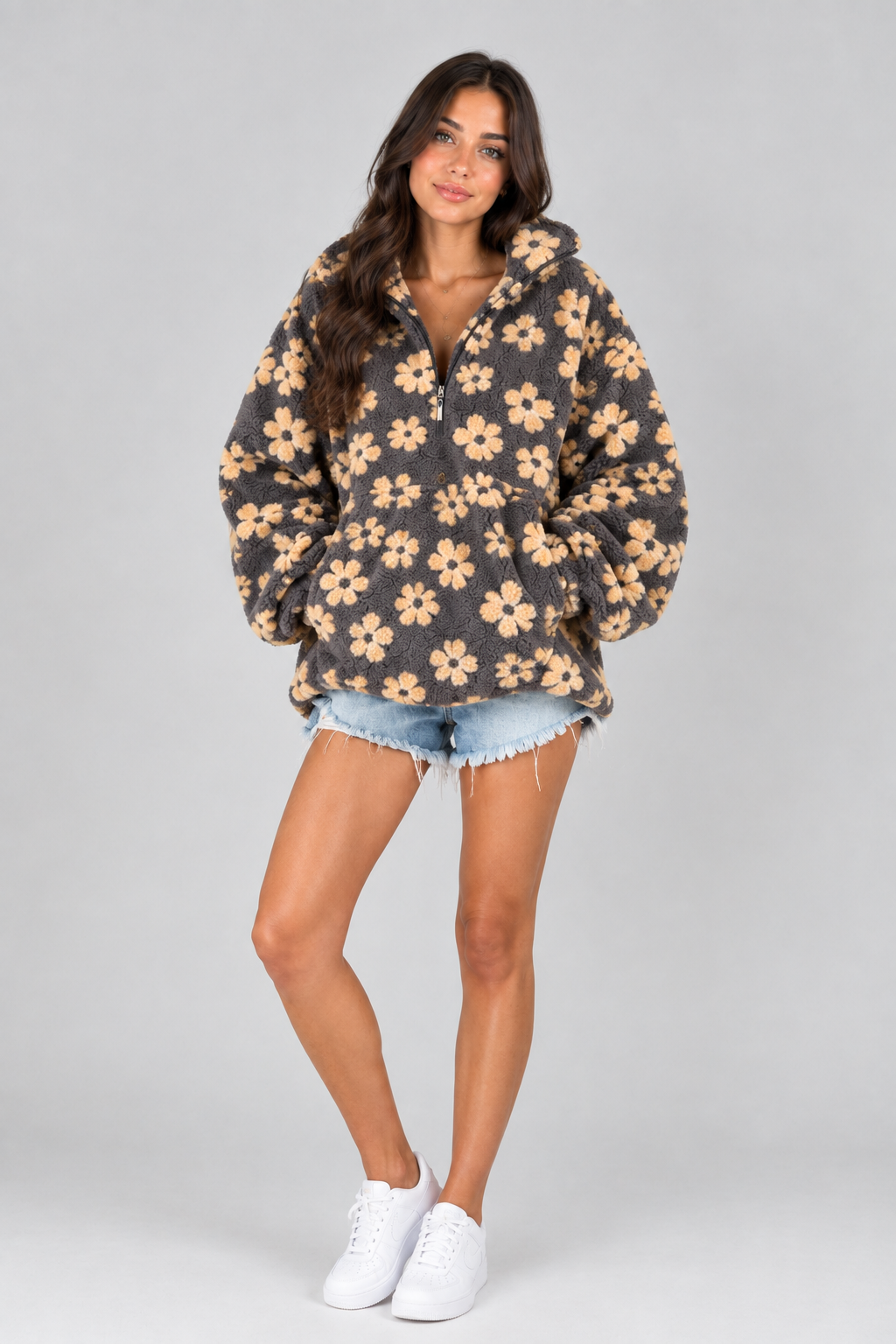 Sweat Sherpa Fleuri Demi-Zip — Douceur Automne-Hiver Femme