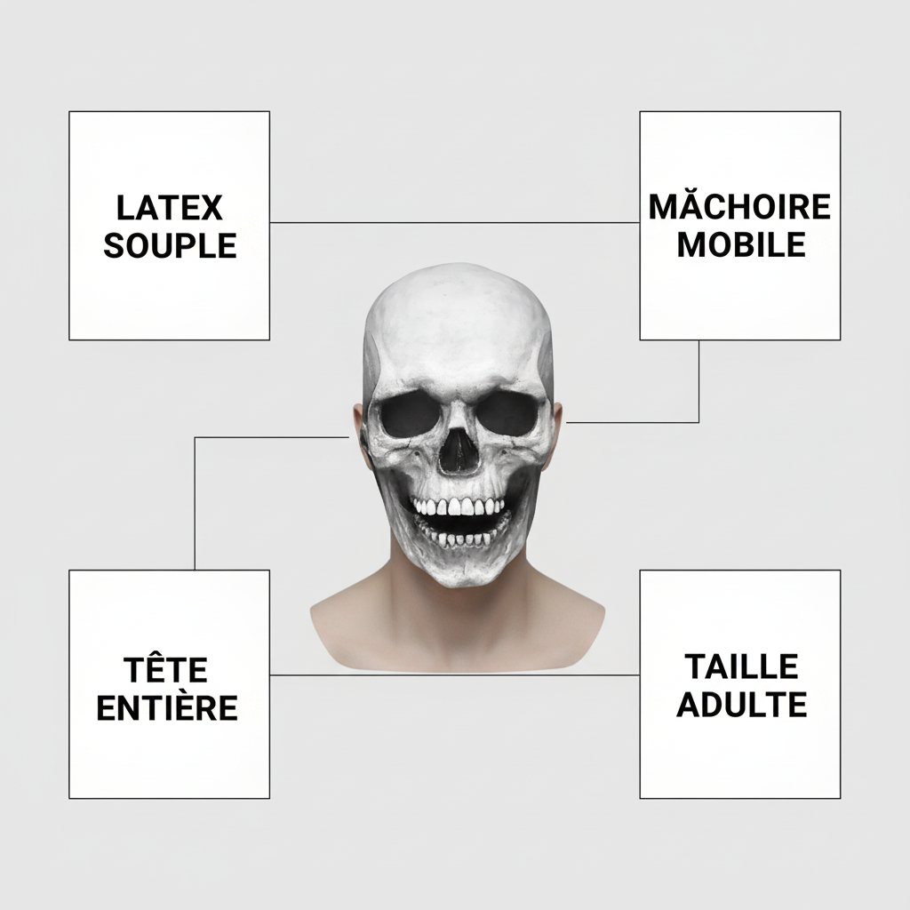 Infographie du masque crâne blanc : latex souple, mâchoire mobile, tête entière et taille adulte