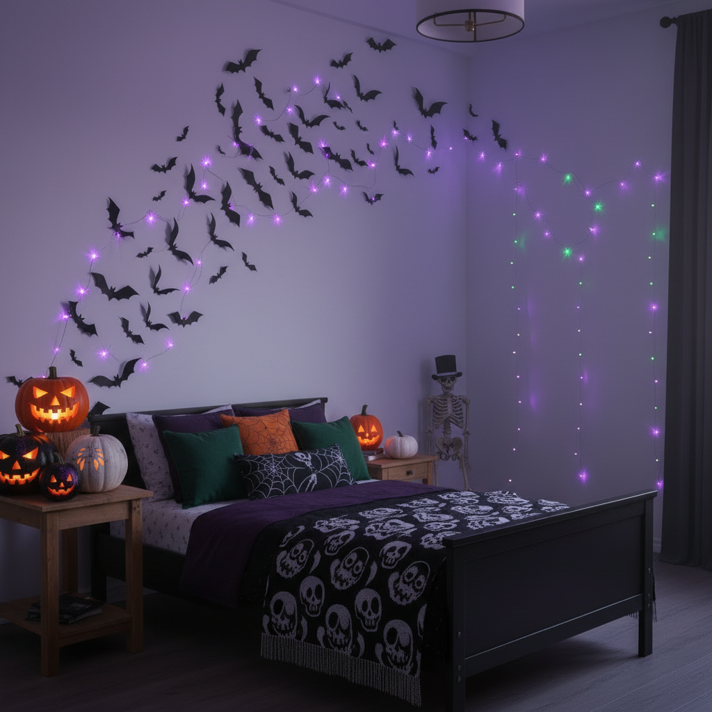 Chambre enfant décoration Halloween chauves-souris LED