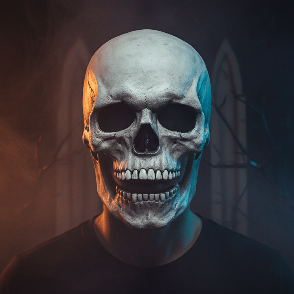 Modèle adulte portant un masque crâne blanc à mâchoire mobile dans une ambiance Halloween
