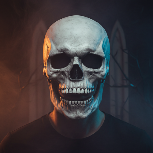 Modèle adulte portant un masque crâne blanc à mâchoire mobile dans une ambiance Halloween